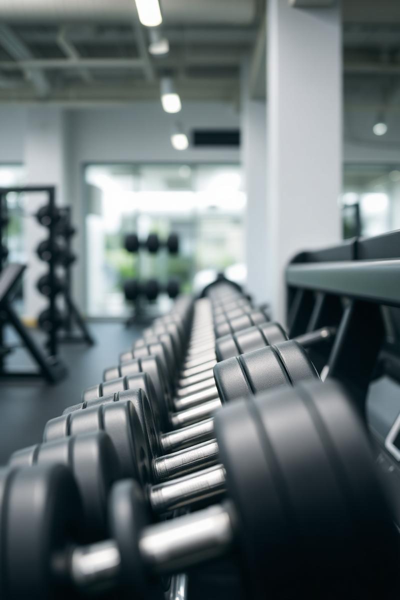 Halteres organizados em rack na área de musculação da CenterFit Faxinal