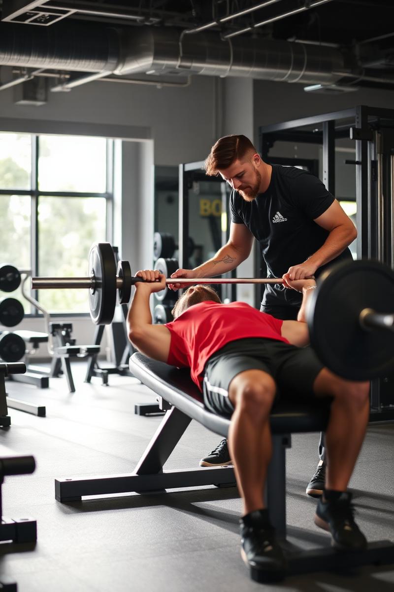 Personal trainer orientando aluno durante supino reto
